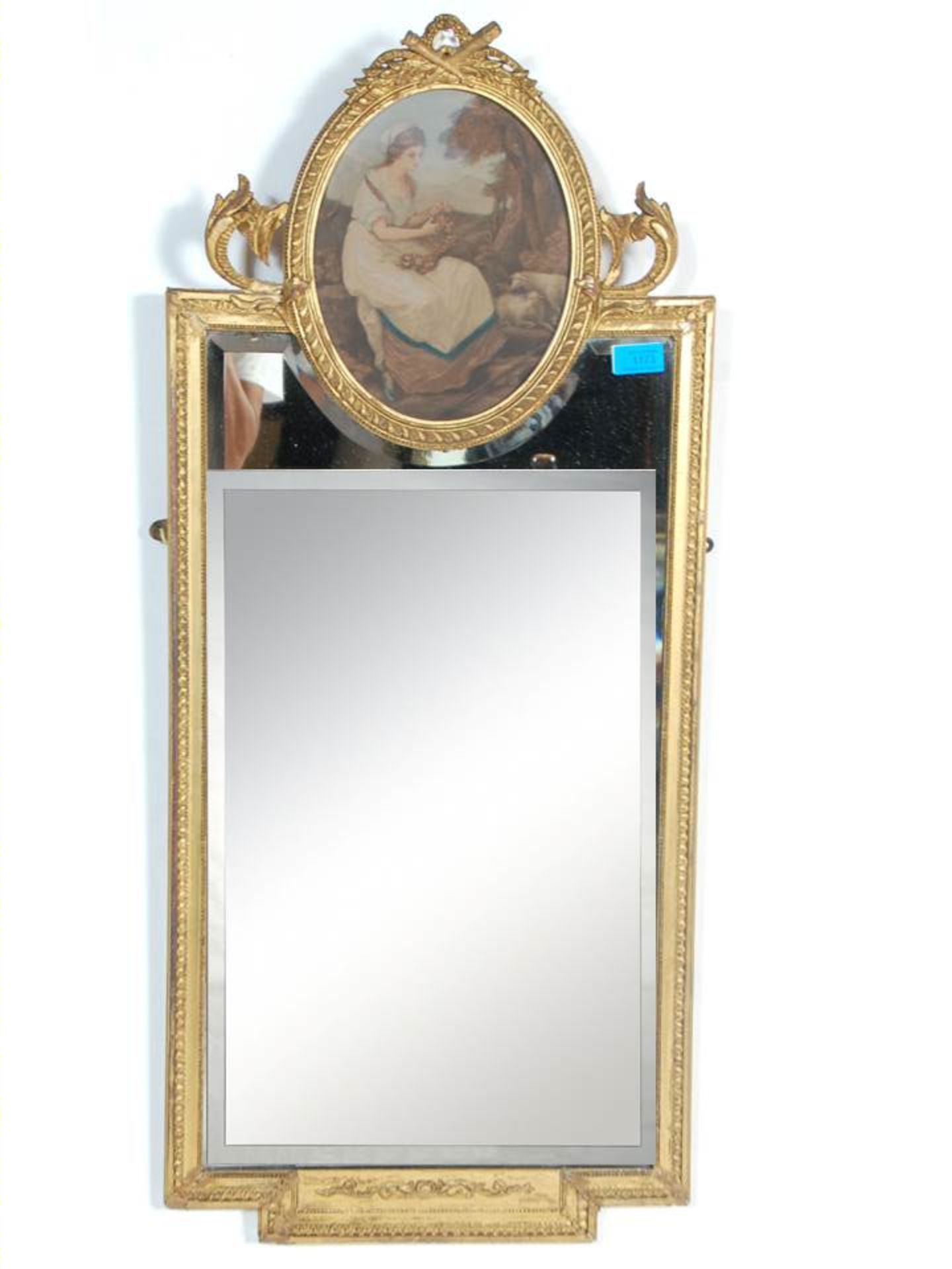 A 19th Century Victorian antique giltwood and gesso mirror with an oval print of a Shepherdess to