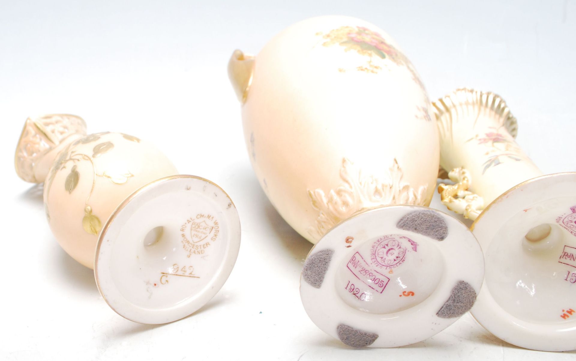 Group of Three Royal Worcester blush ivory vases, hand painted with flowers and gilded decoration, - Image 7 of 9