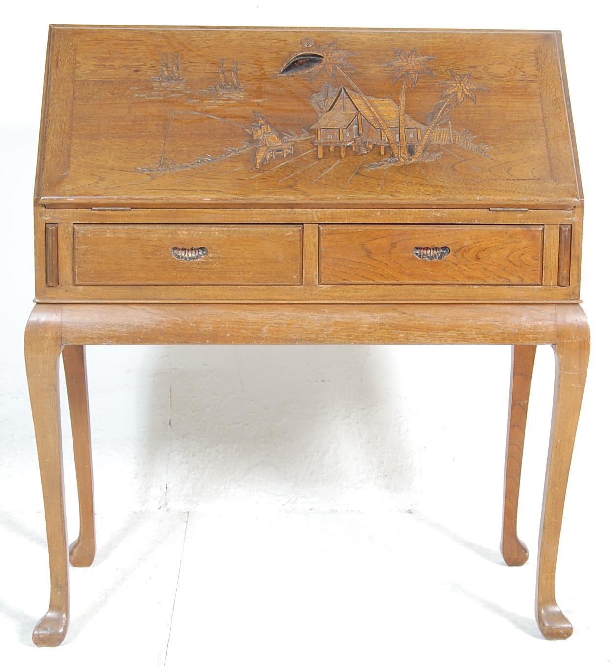 A 20th Century, circa 1950's vintage retro oriental hardwood writing desk bureau having a sloped - Image 2 of 11