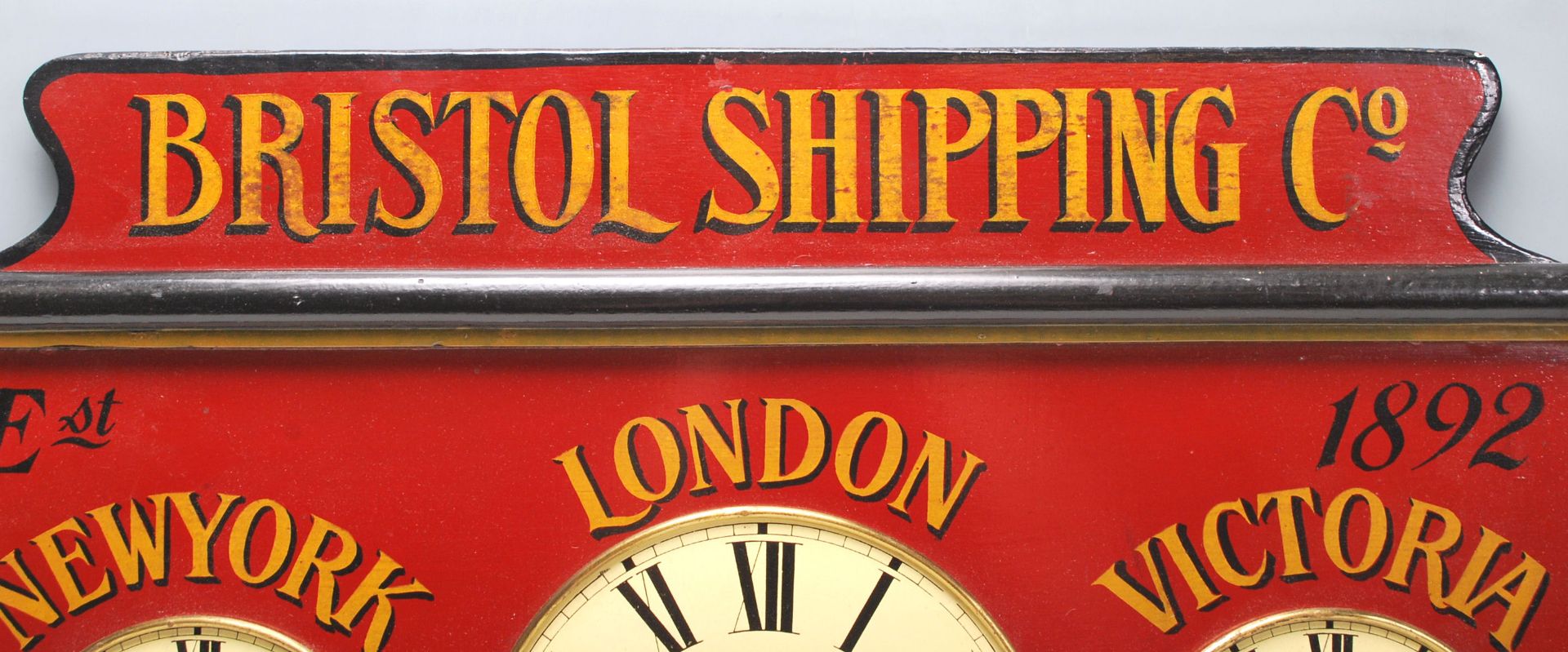 A 20th century wooden painted Victorian style ' Bristol Shipping ' triple clock bearing notation for - Bild 2 aus 5