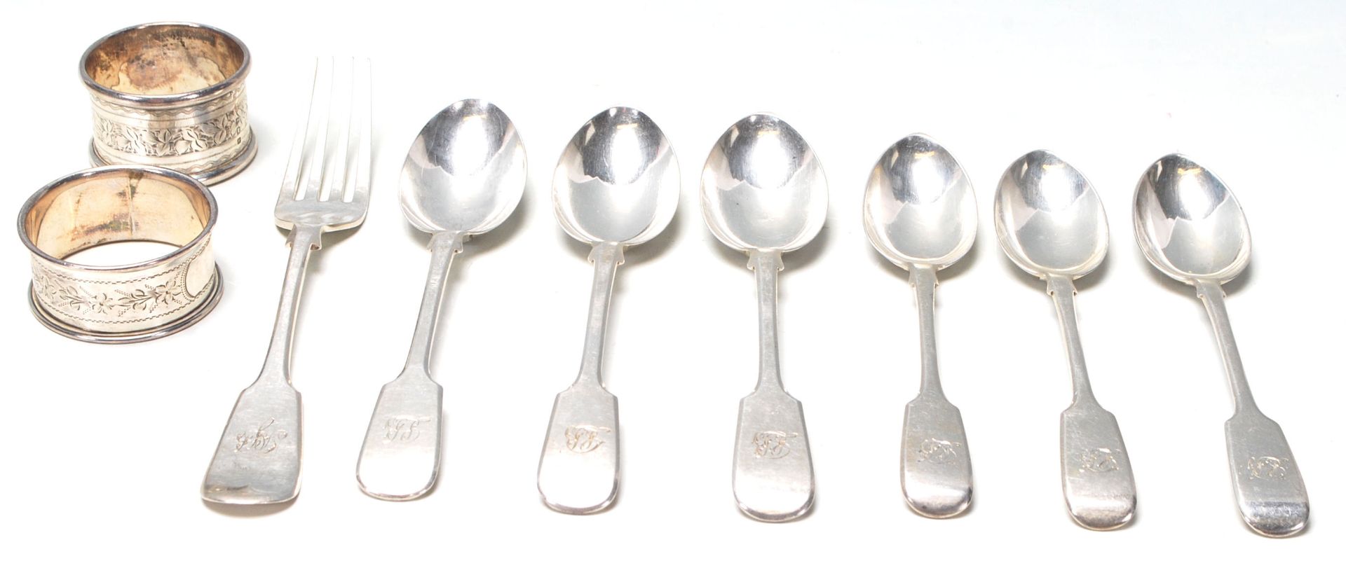 A set of six 19th century Victorian silver teaspoons having engraving initials to the handle,