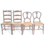 A pair of Victorian 19th century mahogany and rush seated bedroom chairs having splat back and
