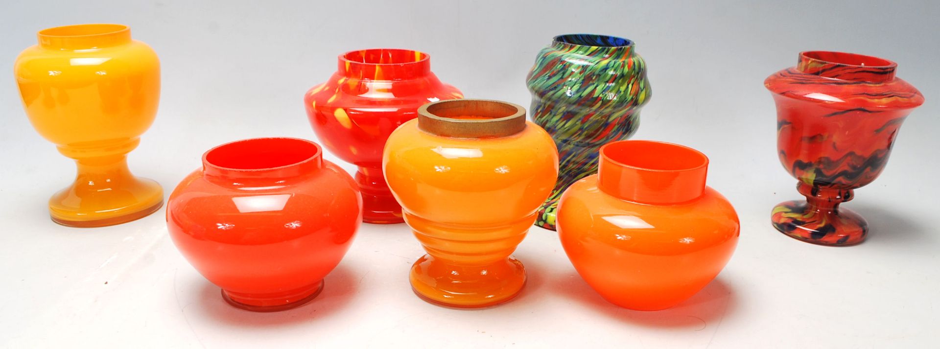 A collection of nine vintage 20th Century Czechoslovakian studio art glass vases in orange, blue - Image 4 of 5
