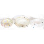 A collection of 3 vintage art deco 1930s frosted and coloured tutti frutti mottled glass dome shaped