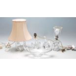 A collection of vintage and retro glass to include table lamp with a twist design, a pair of table