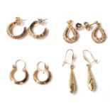 A group of four 9ct gold ladies drop earrings to include a pair of hallmarked hoop earrings (