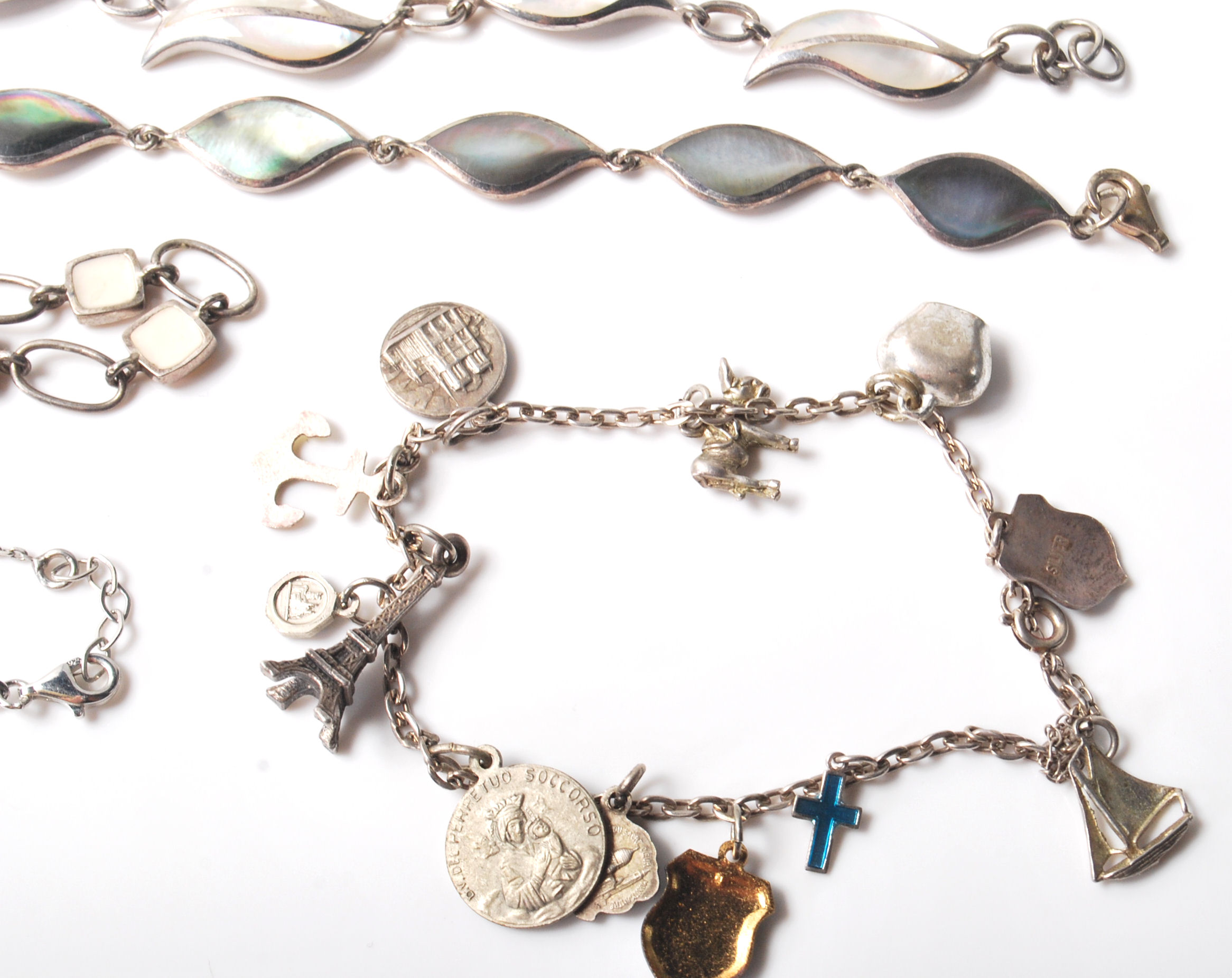 A group of stamped 925 silver bracelets to include two panel bracelets set with mother of pearl - Image 5 of 8