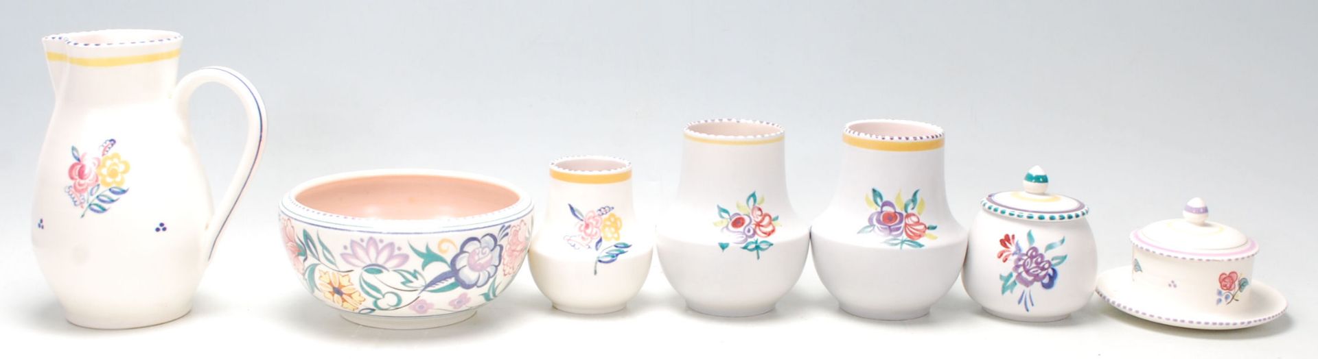 A group of seven vintage Poole Pottery items comprising; a jug, bowl, pair of vases, sugar bowl, - Image 4 of 5