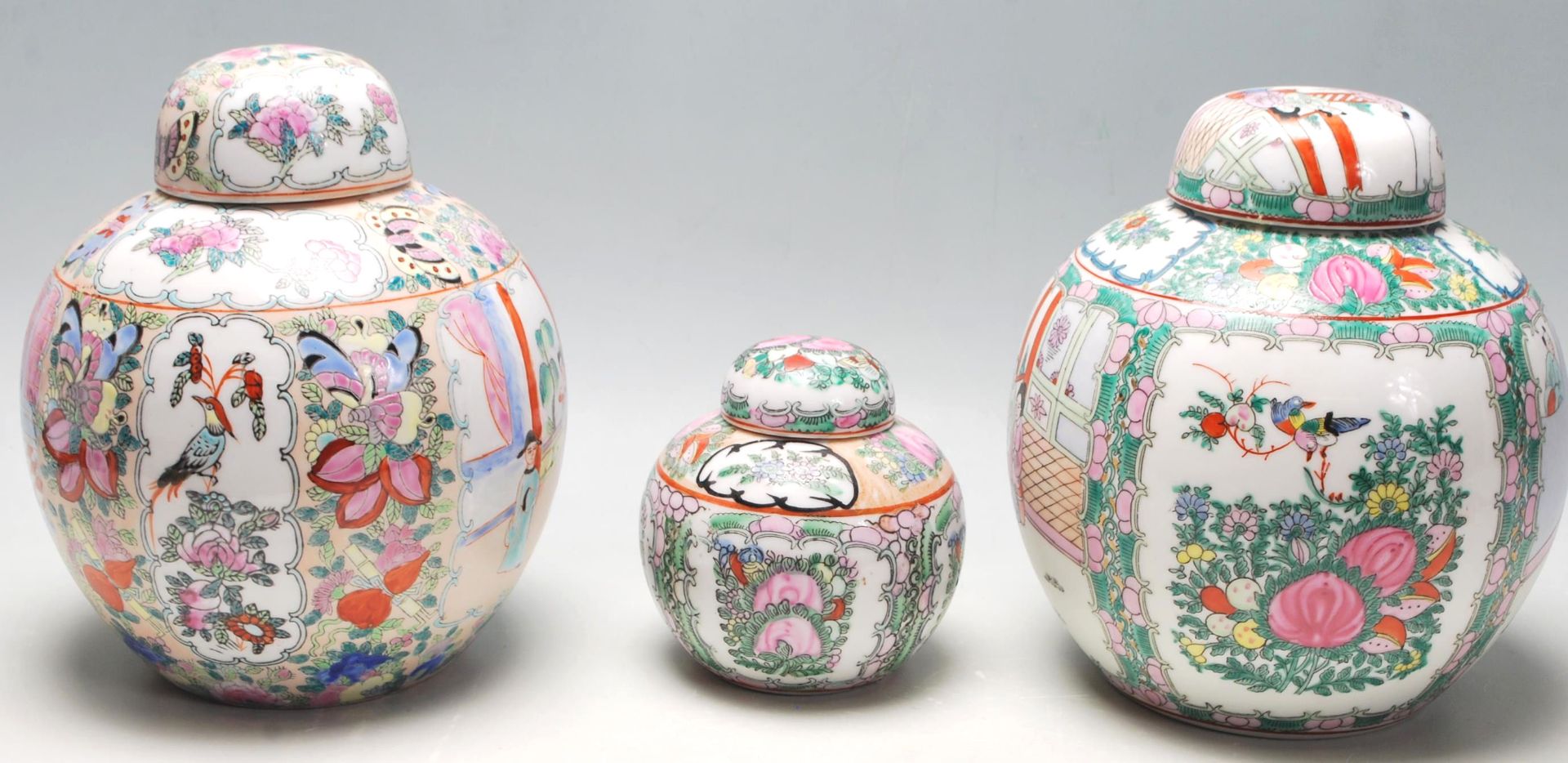 A group of three 20th Century canton ceramic famille rose ginger jars each having narrative panels - Bild 2 aus 6