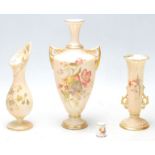 Group of Three Royal Worcester blush ivory vases, hand painted with flowers and gilded decoration,