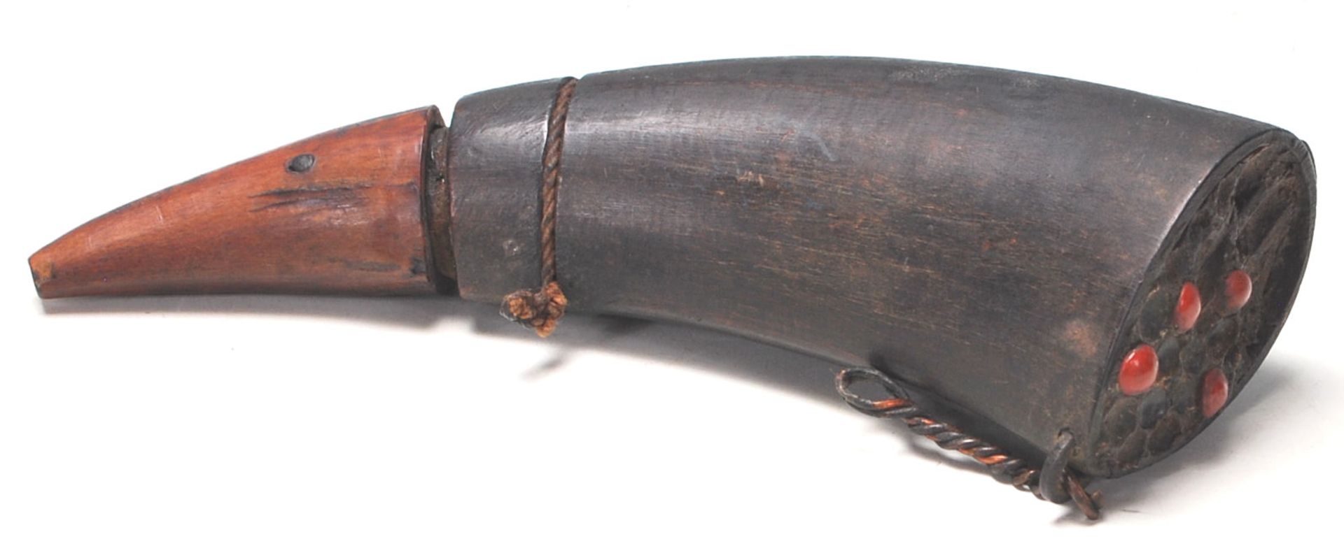 A 19th Century Victorian bone gunpowder horn having a cork stopper having a copper wire handle and