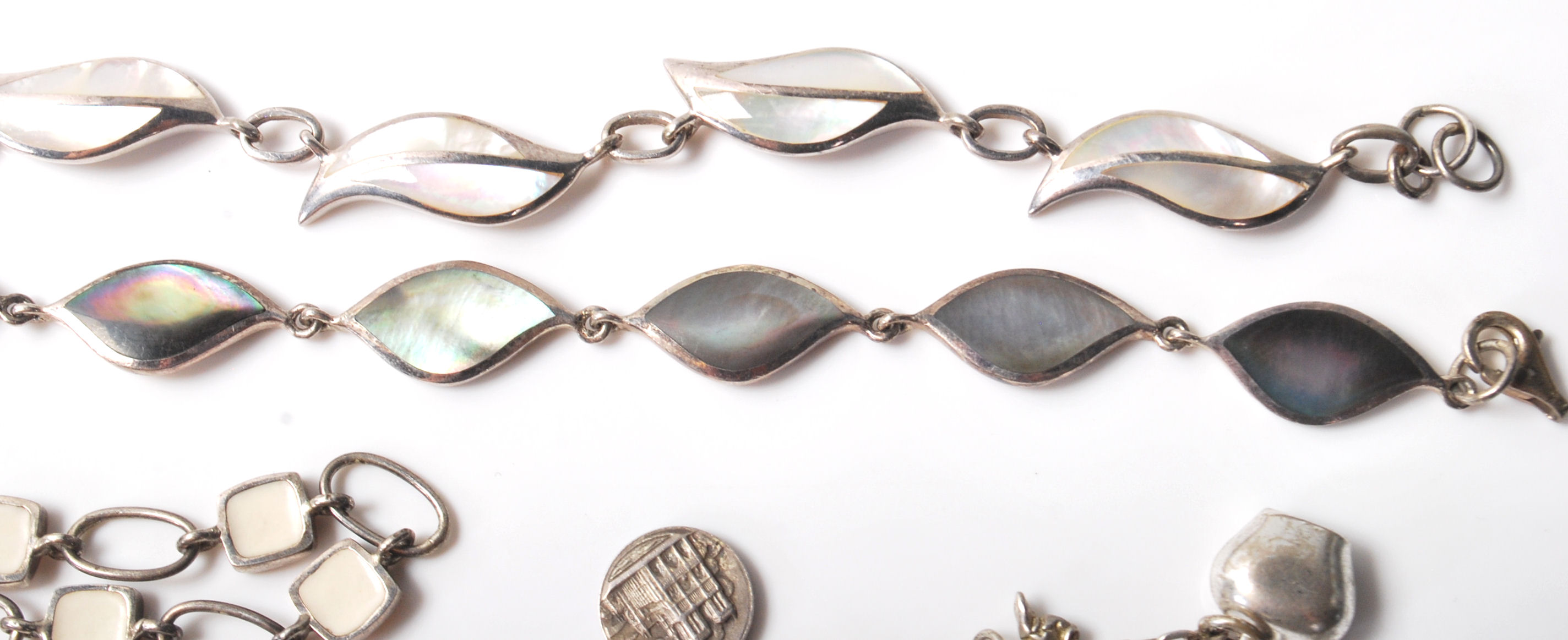 A group of stamped 925 silver bracelets to include two panel bracelets set with mother of pearl - Image 2 of 8