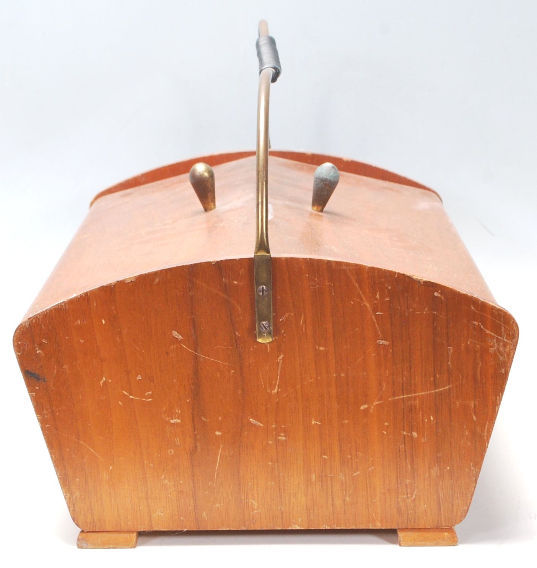 A retro vintage mid 20th century Danish teak sewing box with two flaps opening to reveal a sectional - Bild 5 aus 7