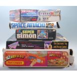 A collection of five vintage games to include Atomic Pinball by TOMY, Space Attack by Action GT,