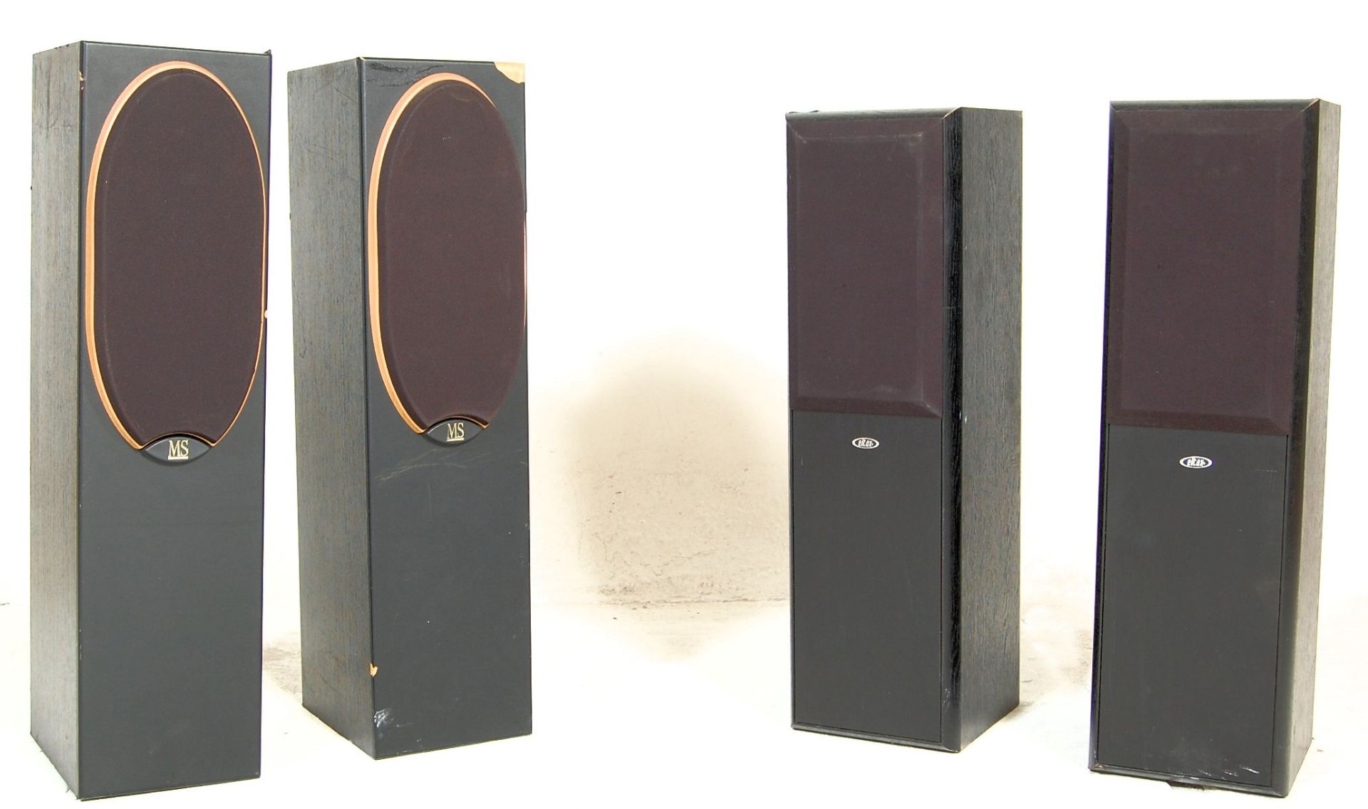 A pair of vintage Mordant Short MS 814 floor standing speakers together with a pair of vintage Eltax