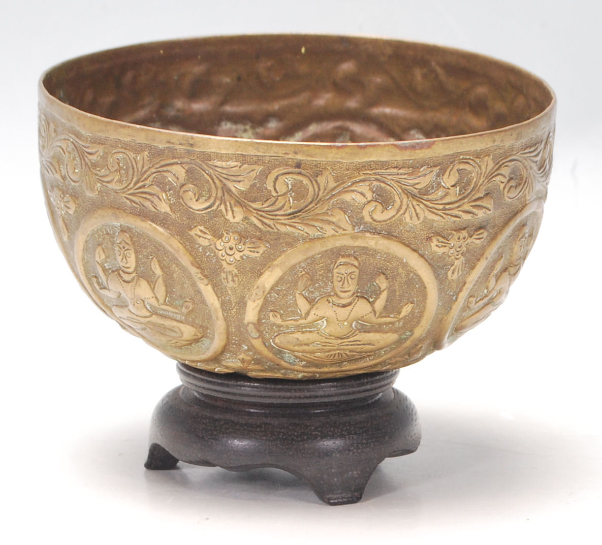 An antique Middle Eastern brass prayer bowl with hand-carved religious figurine to the centre, - Image 2 of 5
