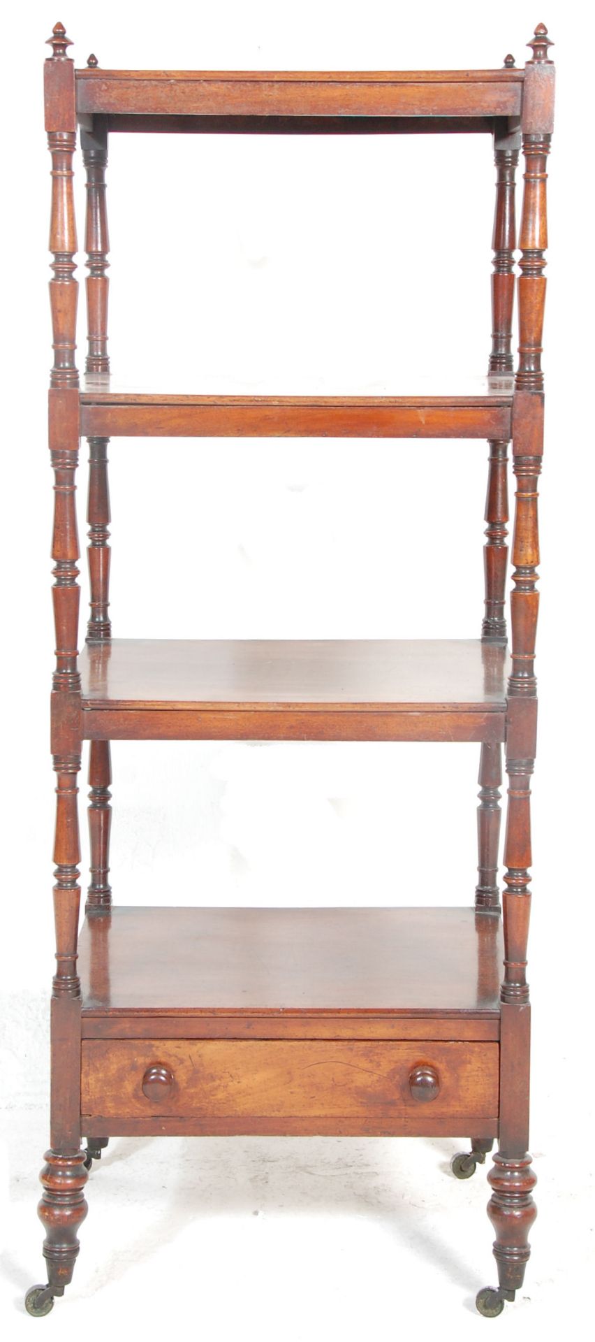 A Victorian 19th Century Mahogany four tiered whatnot / etagere having finial tops supporting turned - Bild 3 aus 7