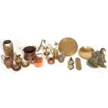 A collection of antique and 20th Century brassware to include a Victorian copper kettle, Indian