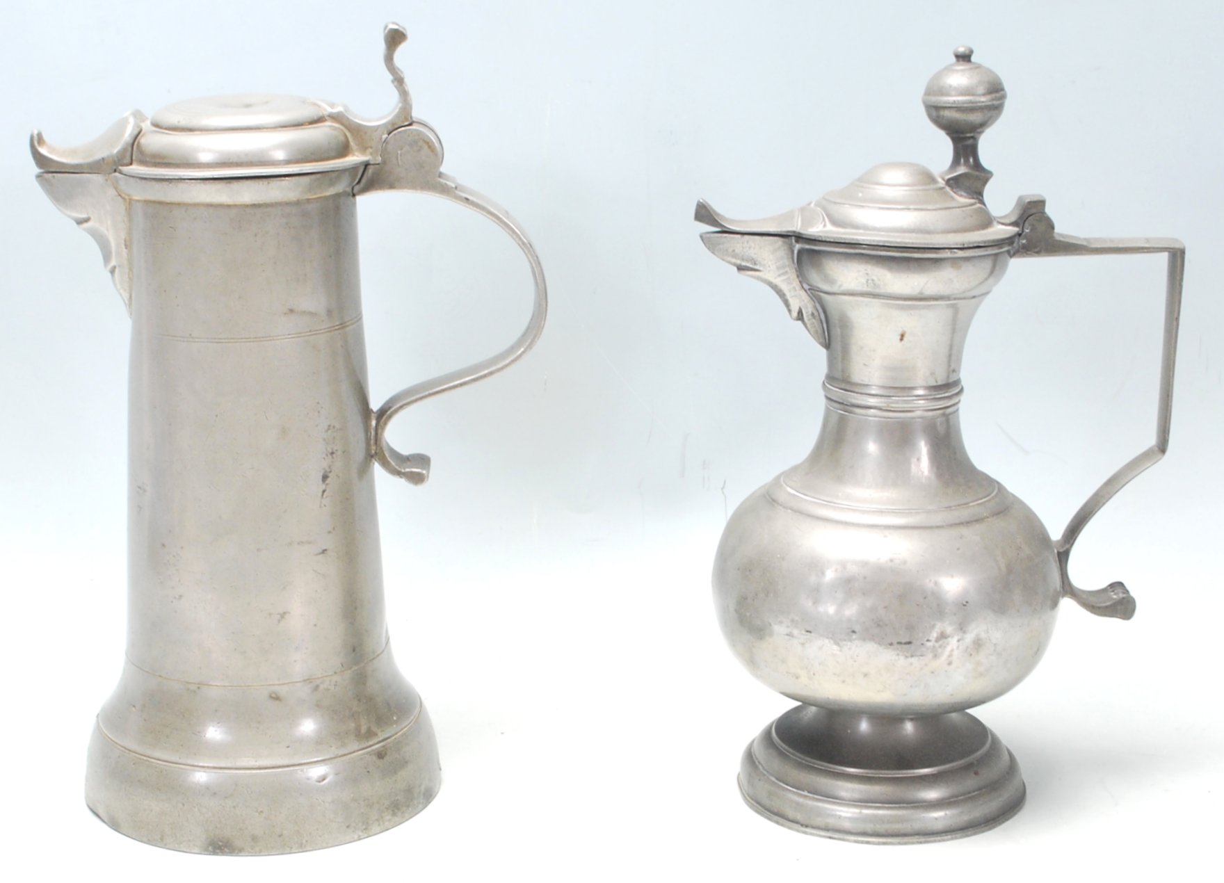 Two 18th Century pewter wine tankards having scroll handles and beak shaped spout with makers mark - Image 2 of 6