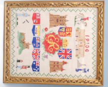An original 1936 Edward VIII commemorative embroidery sampler, 1936 dated above Buckingham Palace,