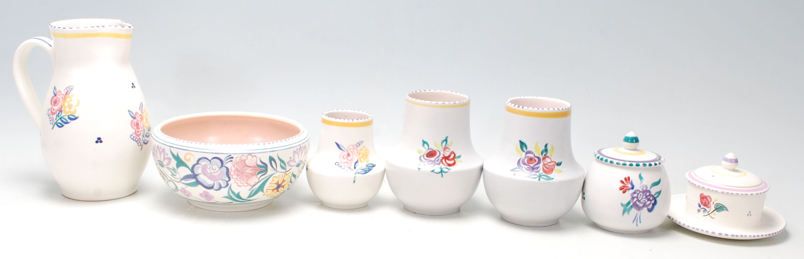 A group of seven vintage Poole Pottery items comprising; a jug, bowl, pair of vases, sugar bowl, - Image 2 of 5