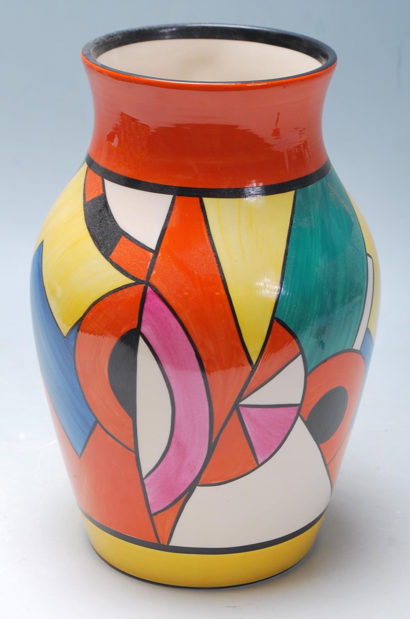 A Wedgwood Bizarre by Clarice Cliff Blue 'W' jug being hand painted with geometric decoration to the - Image 8 of 14