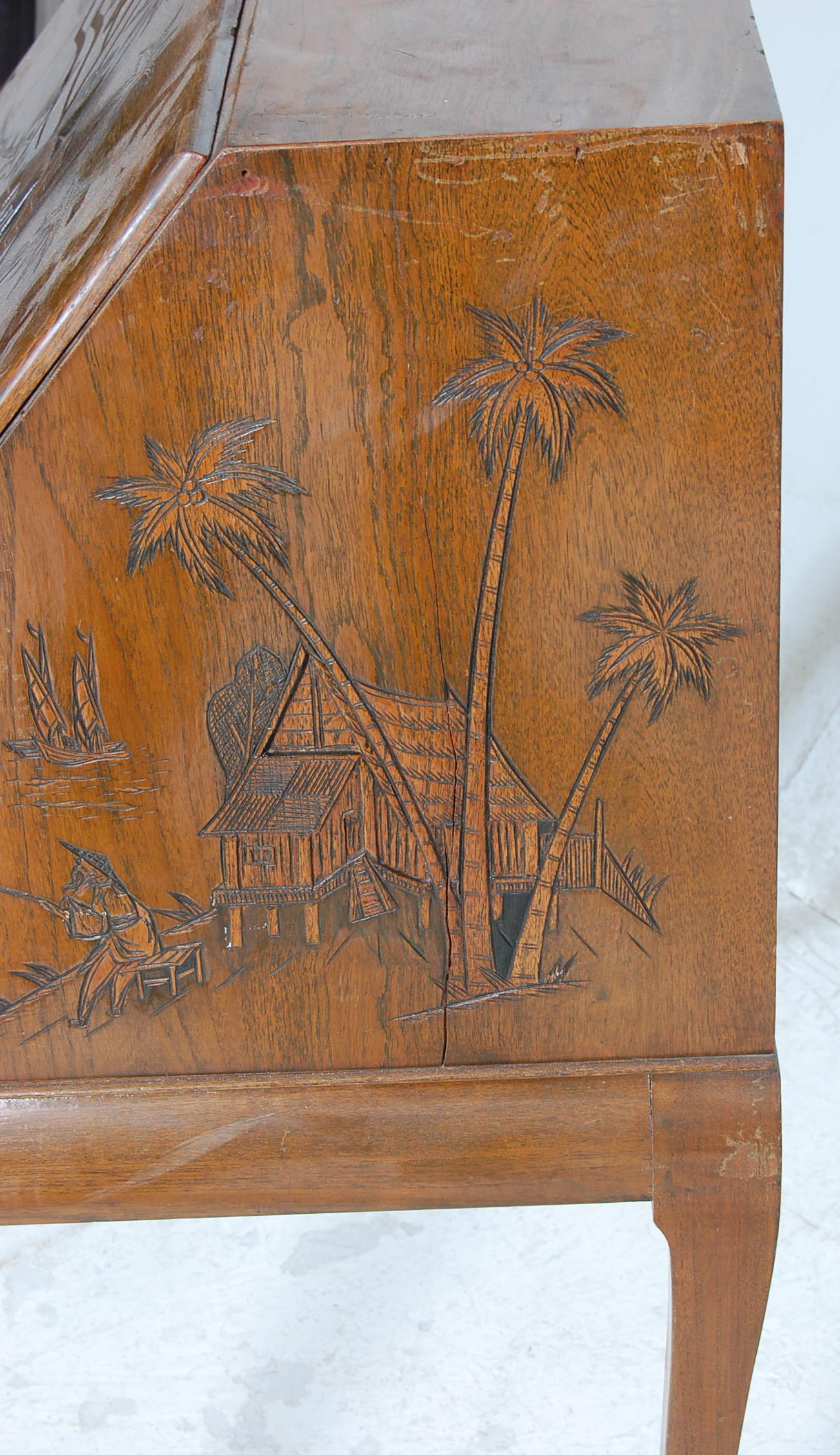 A 20th Century, circa 1950's vintage retro oriental hardwood writing desk bureau having a sloped - Image 8 of 11