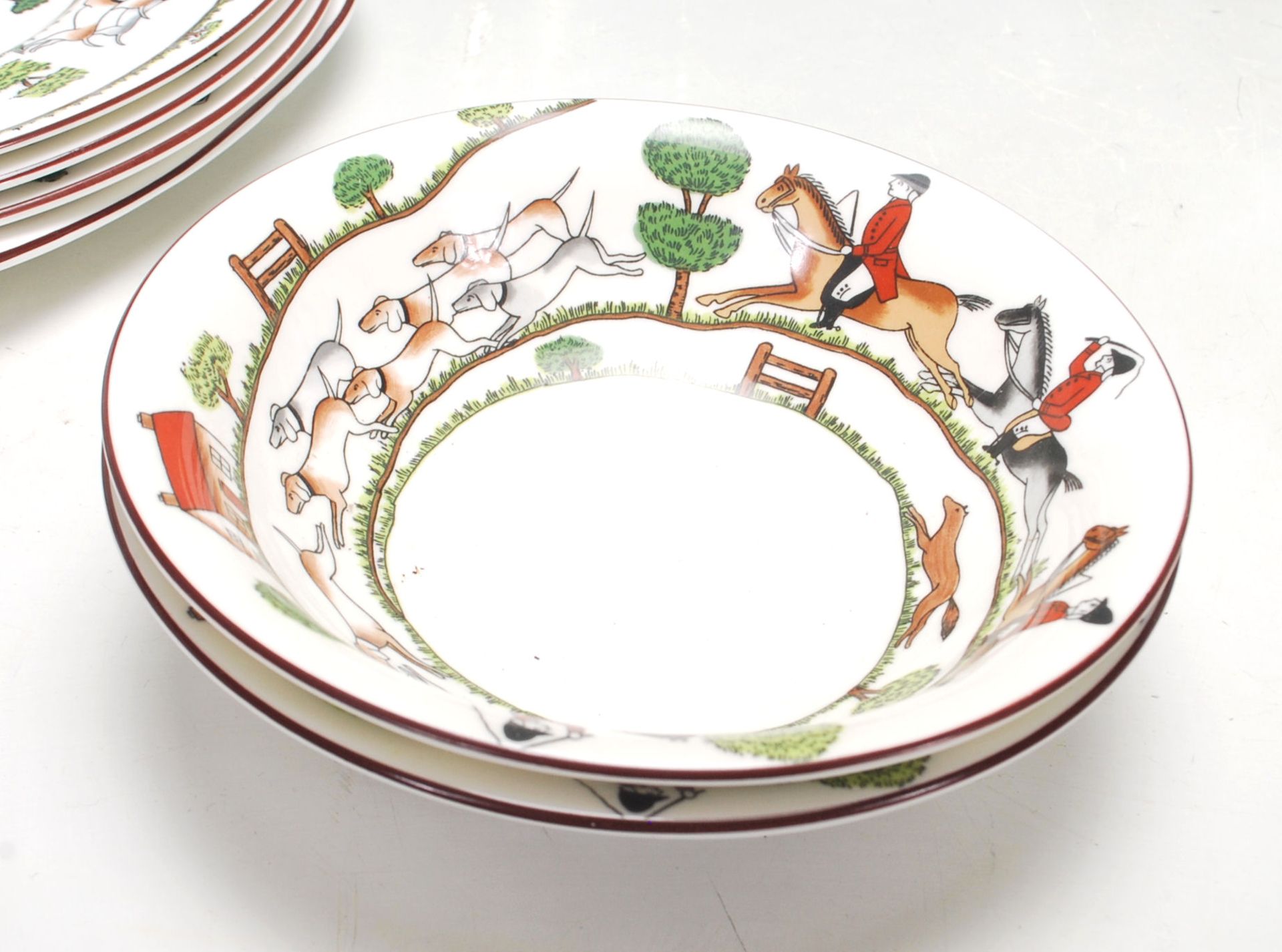A vintage 20th Century Crown Staffordshire “ Hunting Scene “ fine bone china part dining set - Image 5 of 9