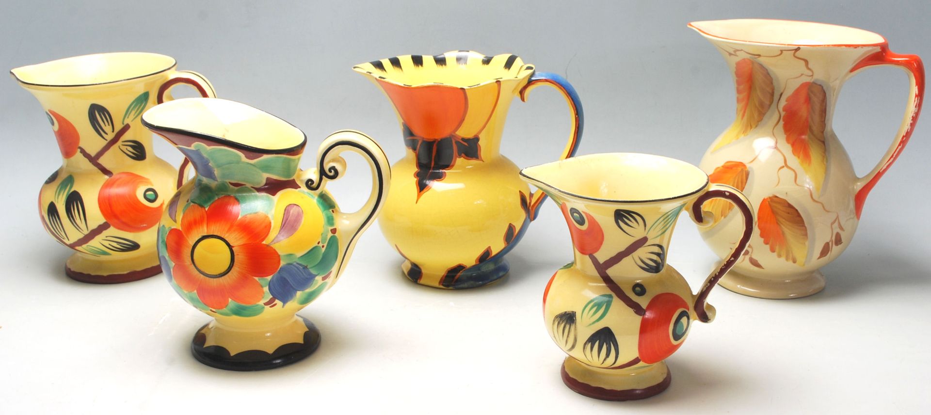 A group of five vintage 1930's Art Deco ceramic jugs to include three Czechoslovakian by Ditmar