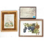 A group of antique pictures to include a 19th Century needlework landscape scene having an