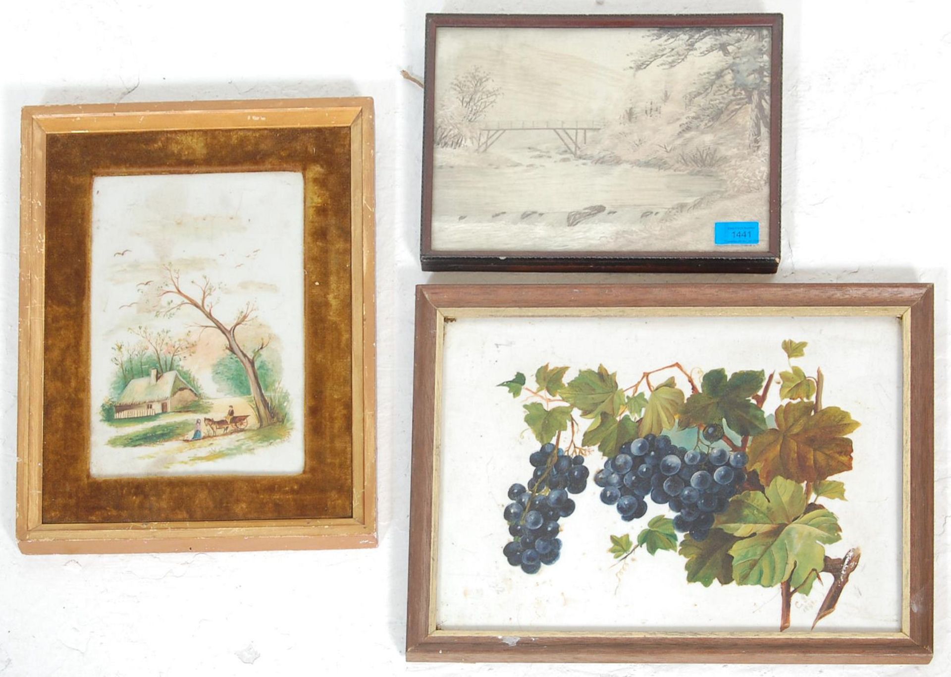 A group of antique pictures to include a 19th Century needlework landscape scene having an