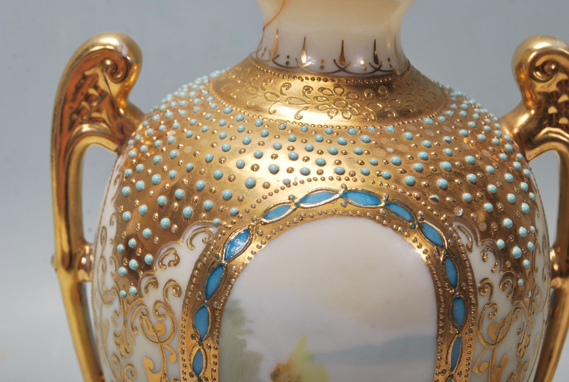 A 20th Century Noritake hand painted mantel lidded vase decorated with raised turquoise jewels, - Image 5 of 10