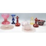 A group of 19th Century Victorian coloured glass items to include a Venetian pink glass thread glass
