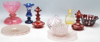 A group of 19th Century Victorian coloured glass items to include a Venetian pink glass thread glass