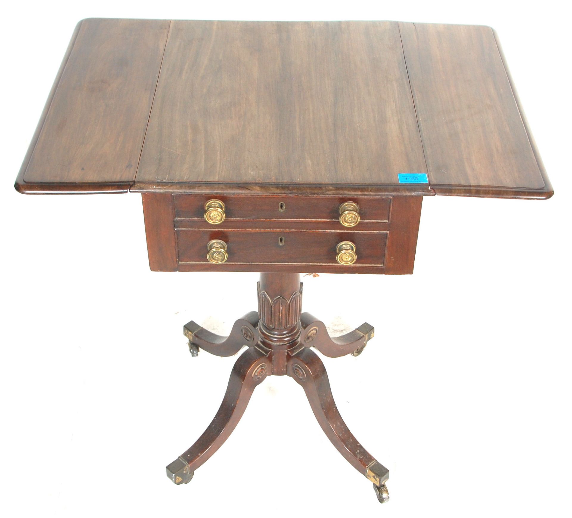 A 19th century George III mahogany drop leaf ladies tripod workbox table. The table raised on a - Bild 3 aus 12
