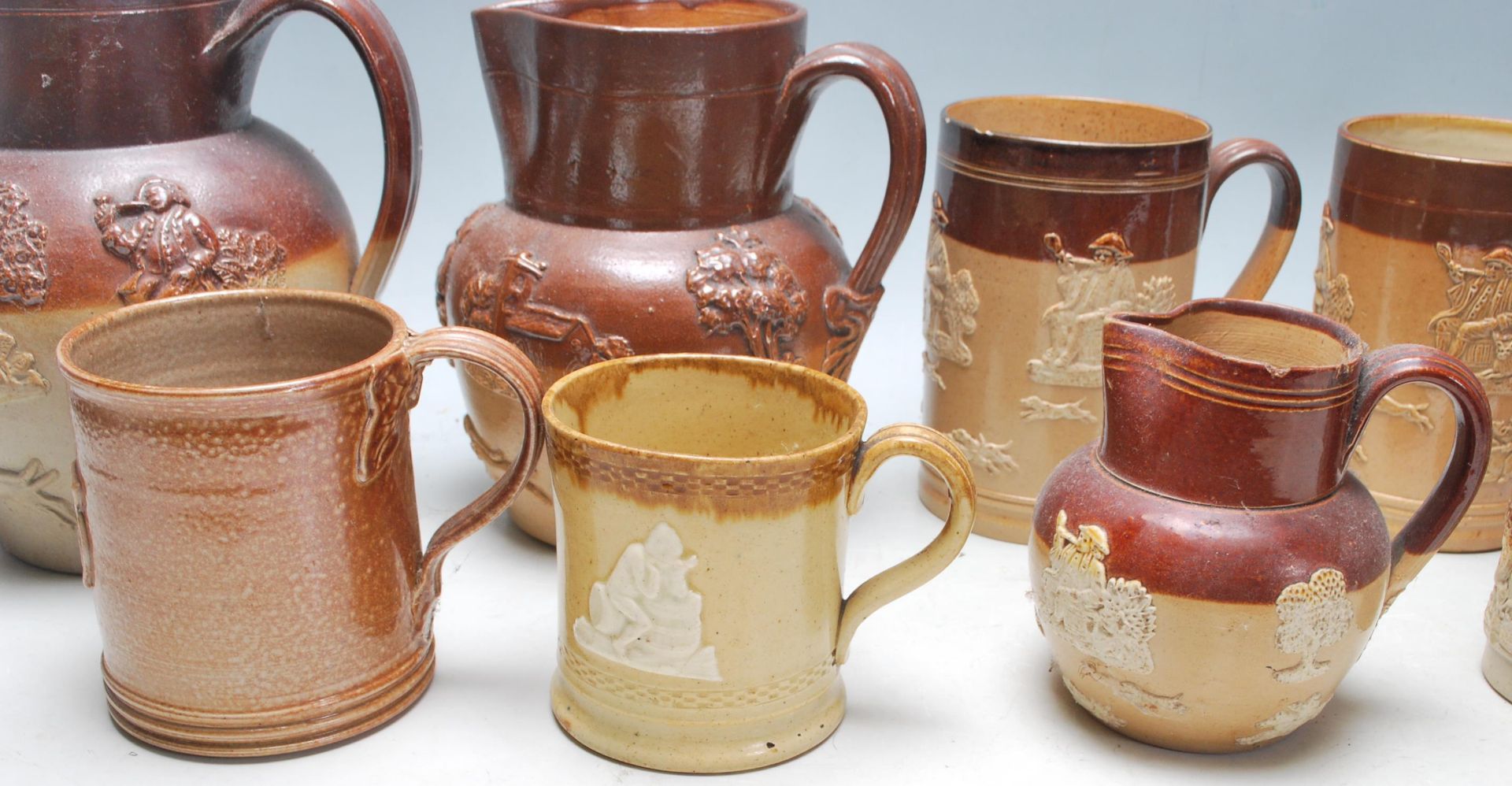 A collection of 19th Century Victorian ceramic Harvest ware jugs / drinking vessels / flagons, - Bild 3 aus 6