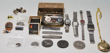Box of assorted items: watches (4), pen knives (3), Colibri Monpol lighter in box with leaflet,