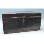 A 19th Century Victorian antique wooden strong box having a hinged lid with cast metal swing handles