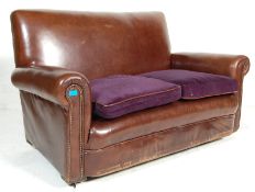 An early 20th century circa 1930's Art Deco French Club / Chesterfield  brown leather sofa settee