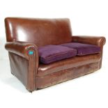 An early 20th century circa 1930's Art Deco French Club / Chesterfield  brown leather sofa settee