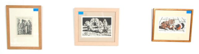 A mixed group of three framed and glazed artists print picture paintings to include "Pilgrims" 3/