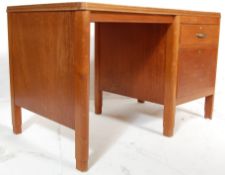 A retro vintage mid century 1950s air ministry style oak kneehole desk. The desk having a red