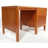 A retro vintage mid century 1950s air ministry style oak kneehole desk. The desk having a red