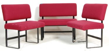 A set of three vintage retro 20th century cinema benches. All upholstered in a burgundy fabric