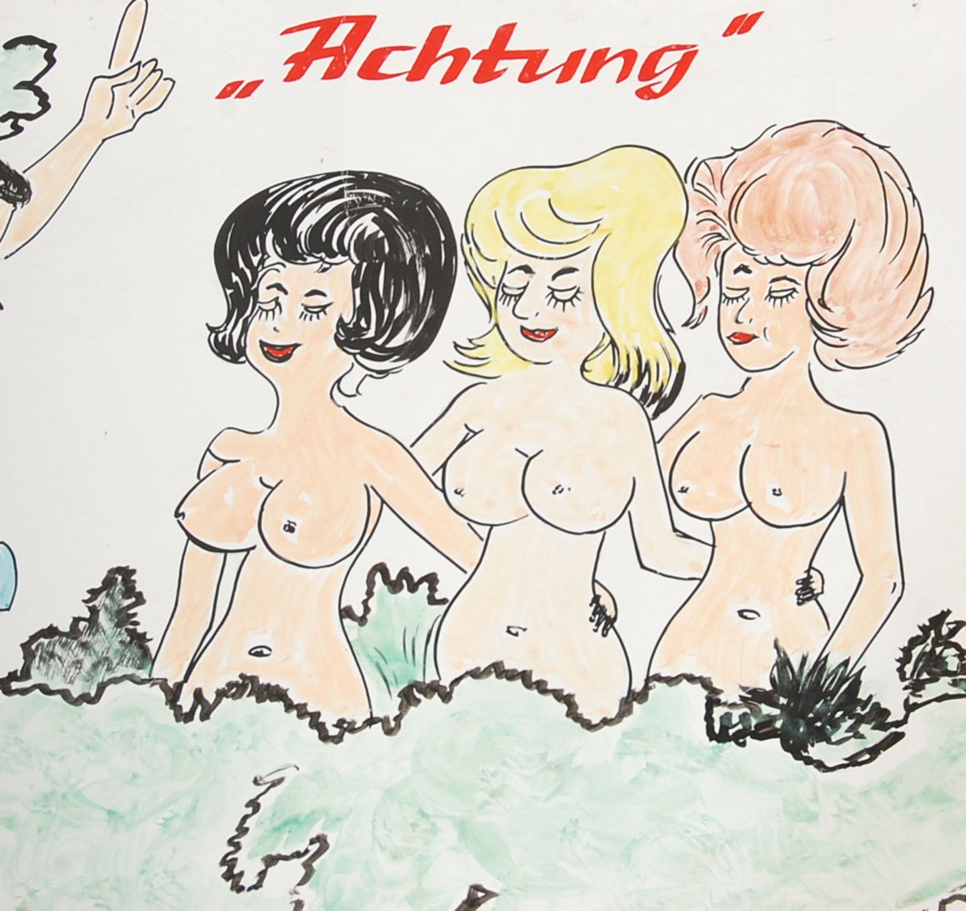 A large watercolour painted German nude picture “ Achtung “ ( caution ) poster depiction a nude - Bild 3 aus 4