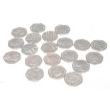 A group of twenty Queen Elizabeth II 50p coins to include Beatrix Potter coins, Paddington bear,