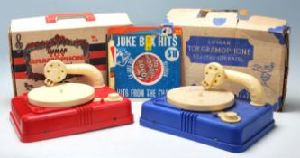 Two vintage Lumar made Toy Gramophone battery operated toys, both in original boxes. One in blue,