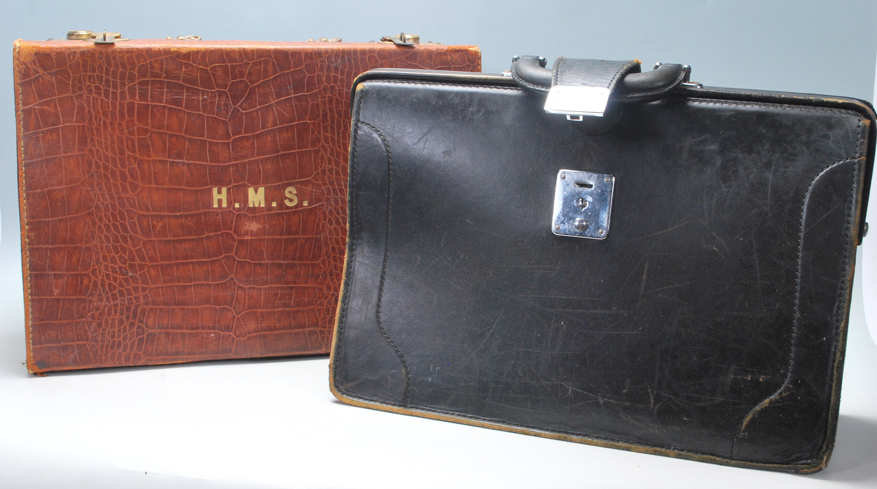 Two vintage 20th Century suitcases / briefcases  to include a brown crocodile skin effect example - Image 2 of 12