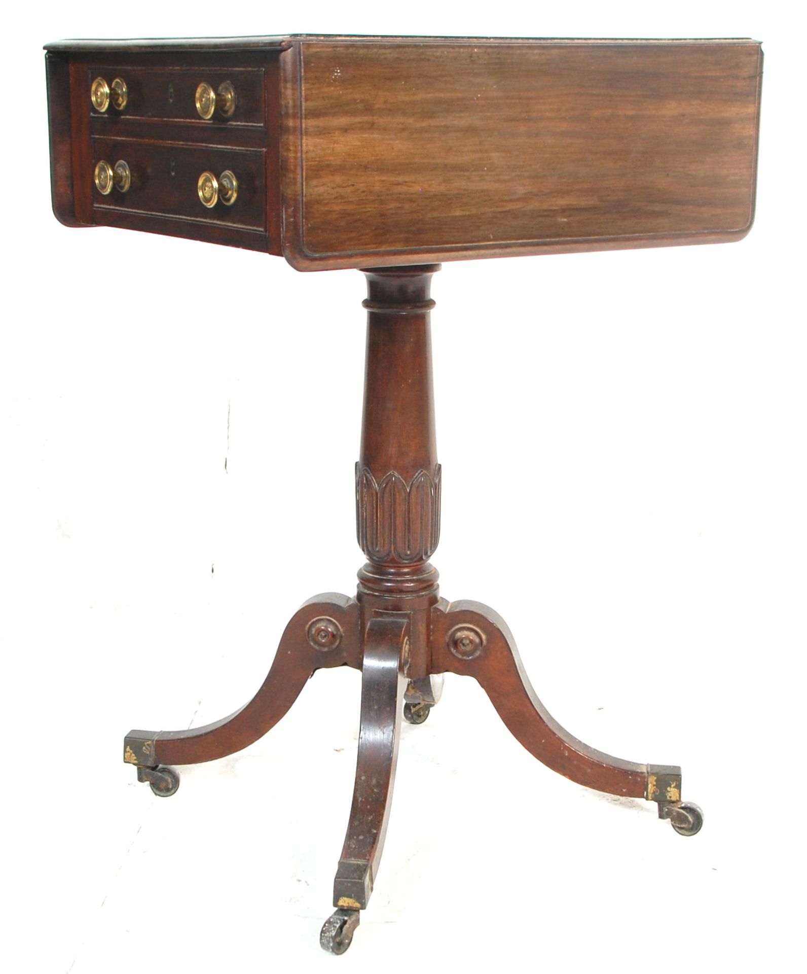 A 19th century George III mahogany drop leaf ladies tripod workbox table. The table raised on a - Bild 8 aus 12