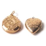 Two antique 9ct gold front and back lockets, each having brass interiors, one in the shape of a